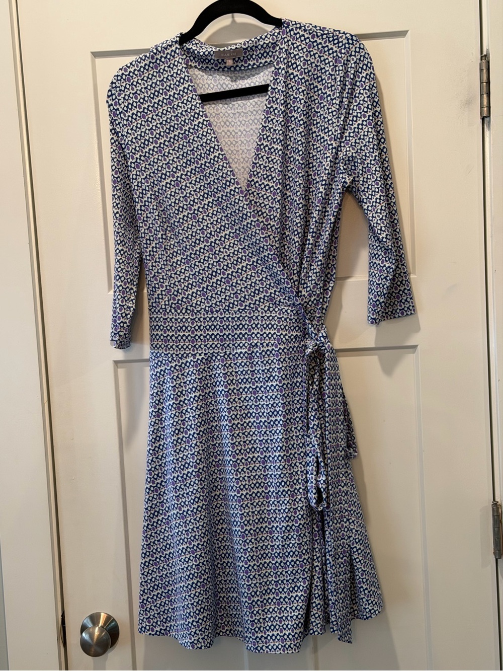 Ellie Kai Blue Purple Geometric Wrap Dress 3/4 Sleeve Size 8 - Picture 7 of 11